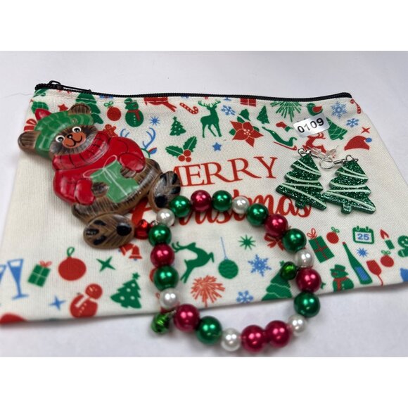 Christmas Accessories Gift Set - Merry Christmas Pouch Tree Earrings Beaded Brac - Picture 4 of 4